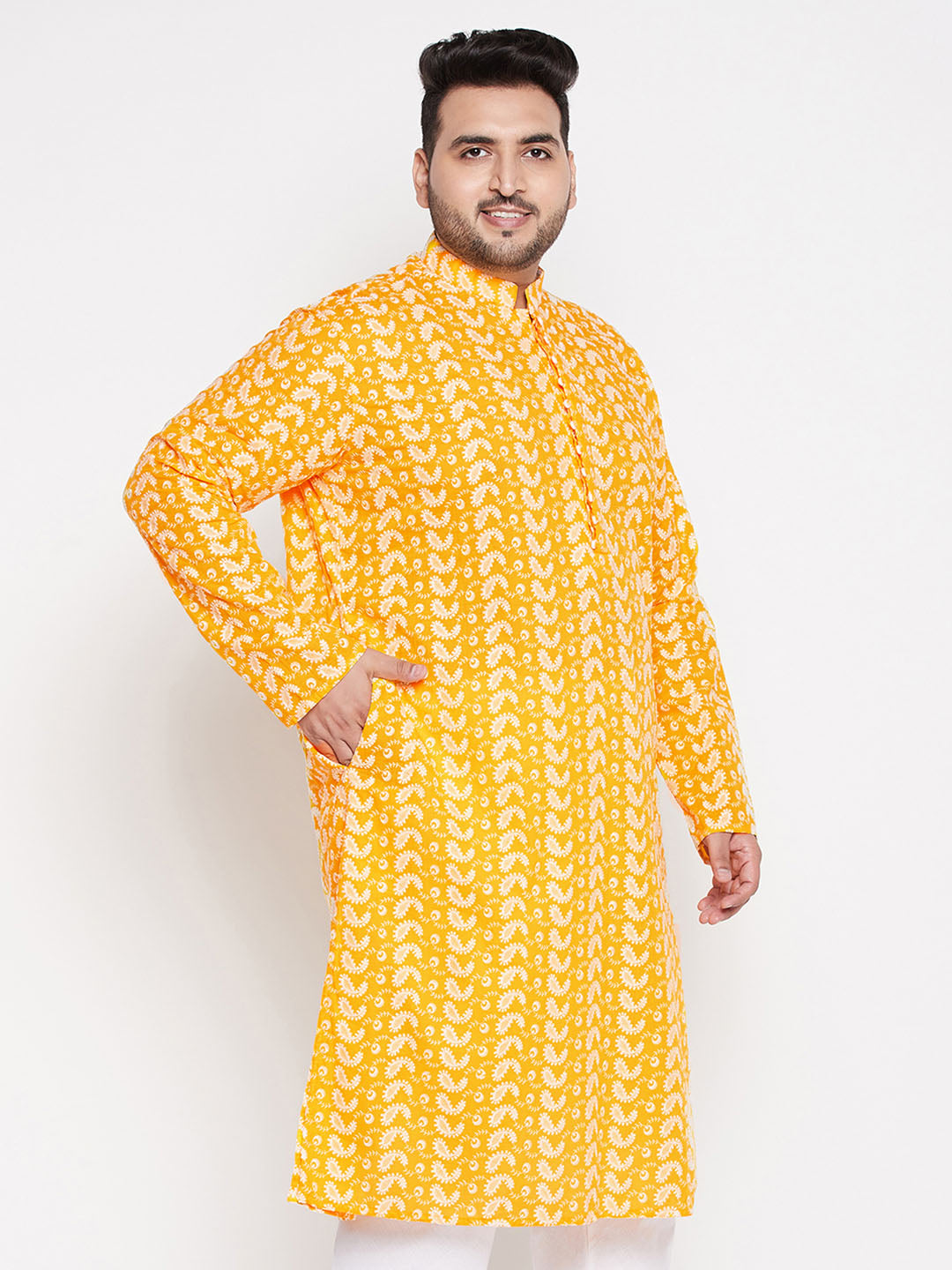 Men's Plus Size Orange Chikankari Embroidered Kurta - view 2