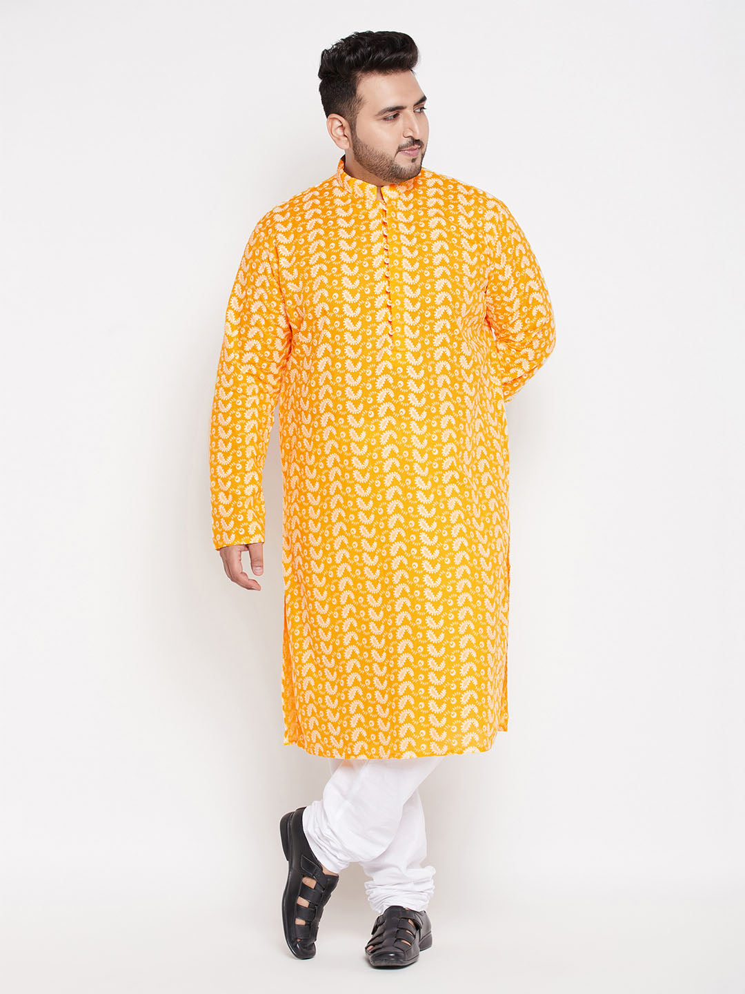 Men's Plus Size Orange Chikankari Embroidered Kurta - view 5