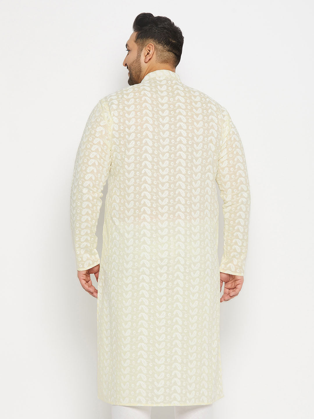 Men's Plus Size Yellow Chikankari Embroidered Kurta - view 3