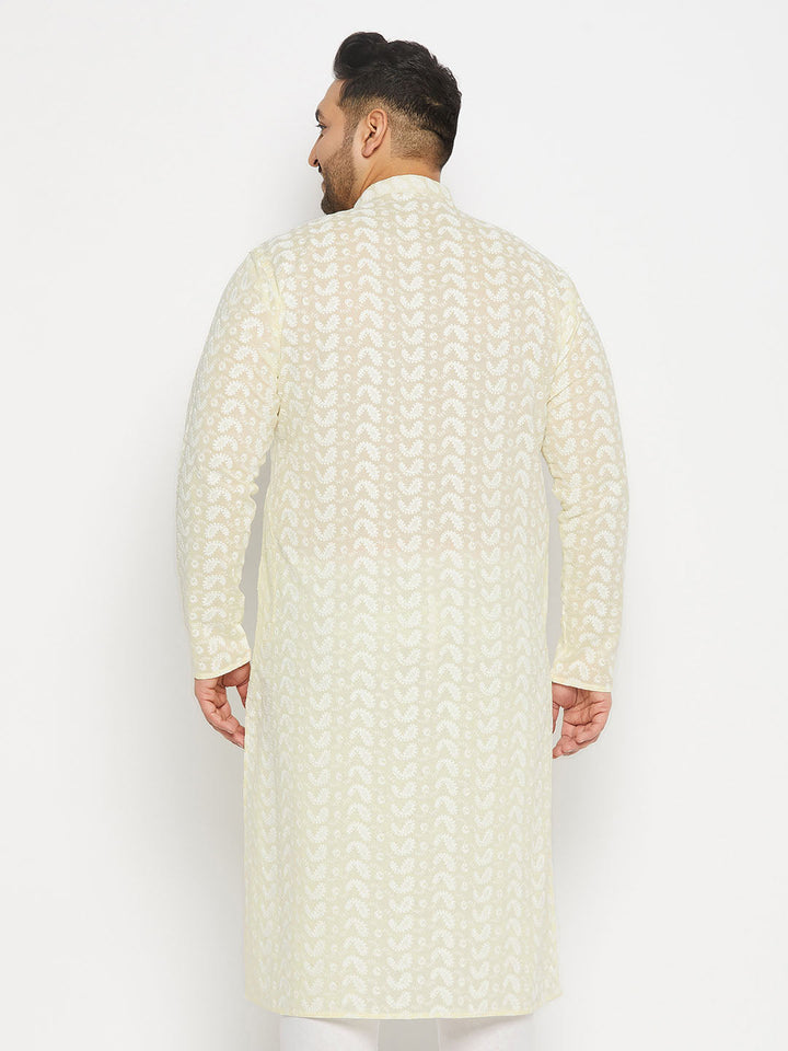 Men's Plus Size Yellow Chikankari Embroidered Kurta - view 3