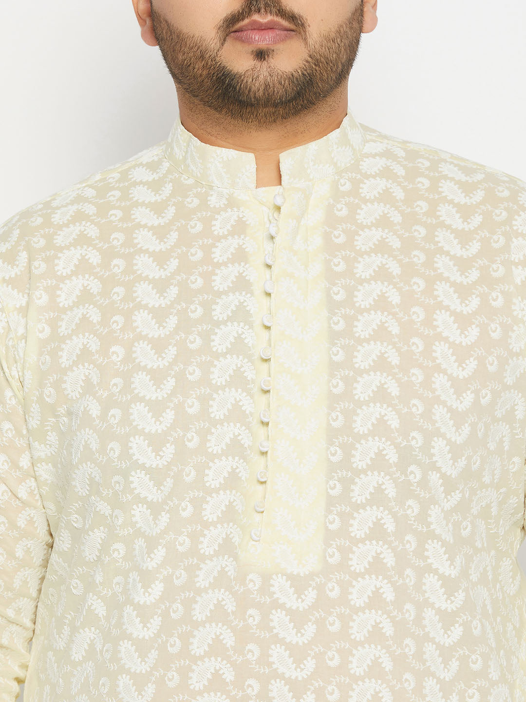 Men's Plus Size Yellow Chikankari Embroidered Kurta - view 4
