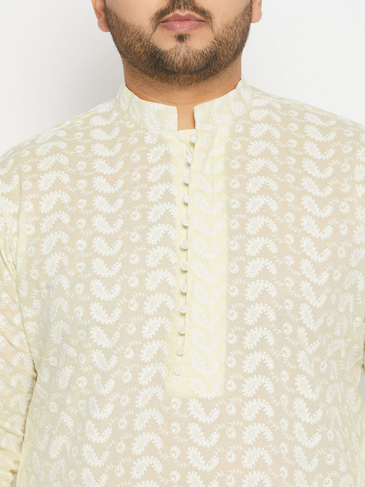 Men's Plus Size Yellow Chikankari Embroidered Kurta - view 4