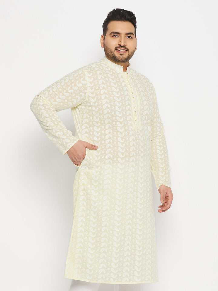 Men's Plus Size Yellow Chikankari Embroidered Kurta - view 2
