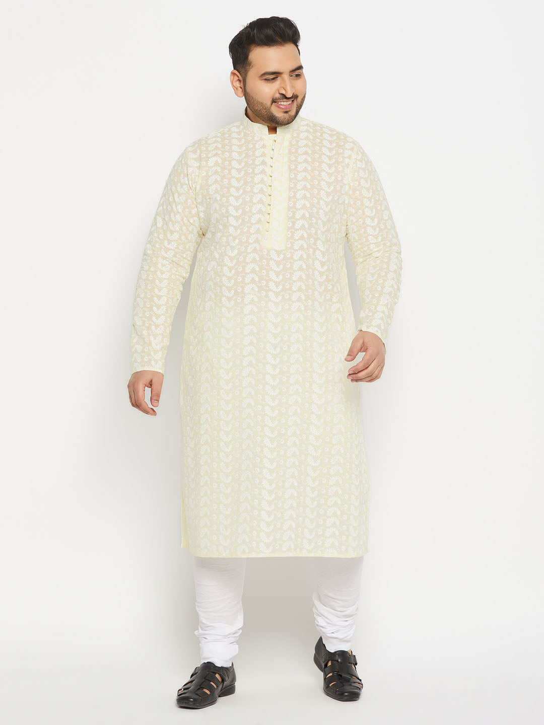 Men's Plus Size Yellow Chikankari Embroidered Kurta - view 5