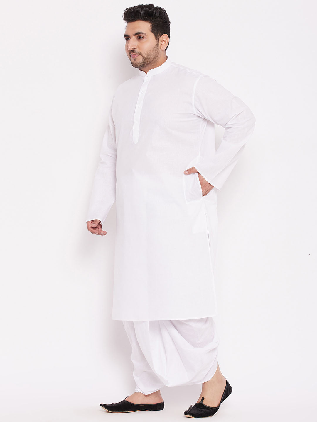 Sarvati Men's Plus Size White Cotton Kurta And Dhoti Set