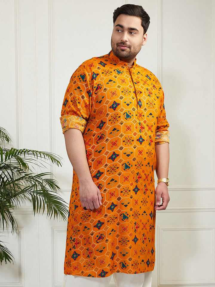 Plus Men's Yellow Cotton Blend Kurta