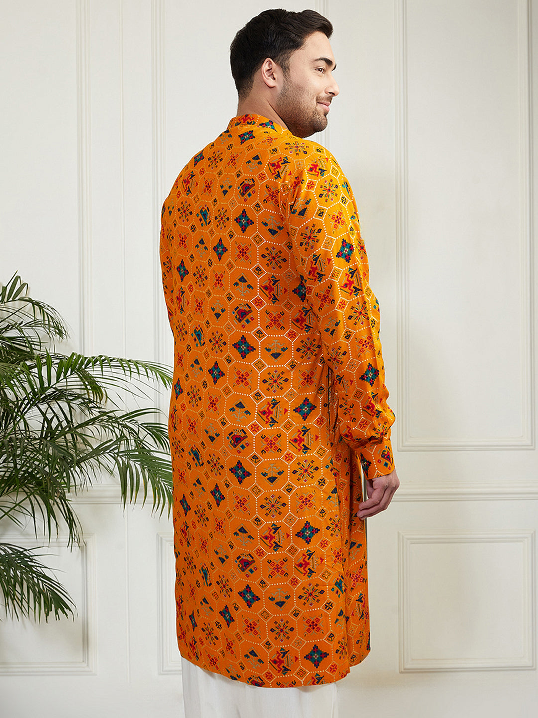 Plus Men's Yellow Cotton Blend Kurta
