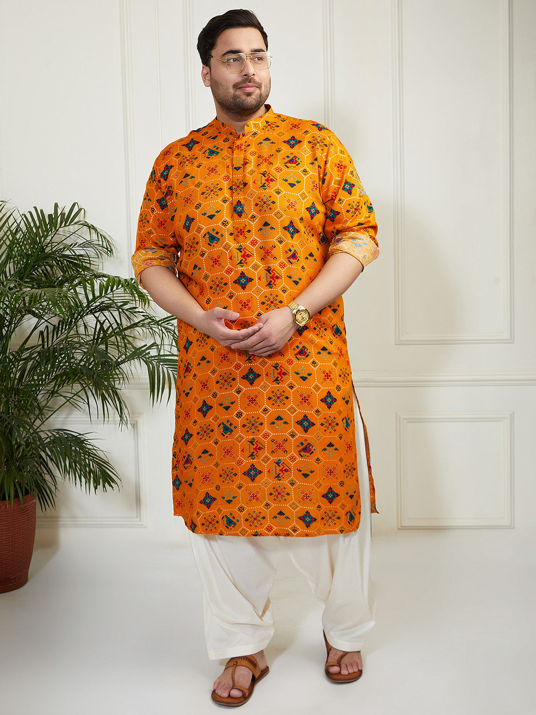 Plus Men's Yellow Cotton Blend Kurta