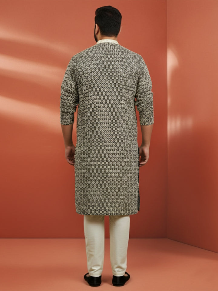 Men's Black Sequin Kurta with Cream Trousers