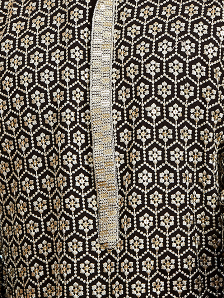 Men's Black Sequin Kurta with Cream Trousers