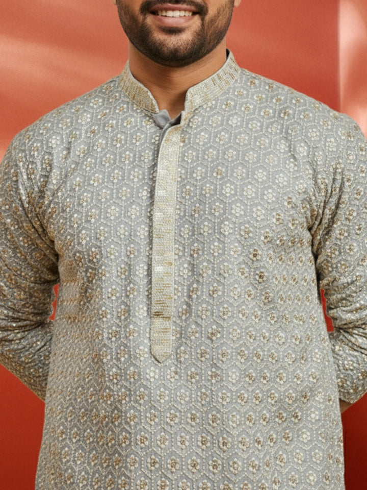Men's Grey Sequin Kurta with Cream Trousers