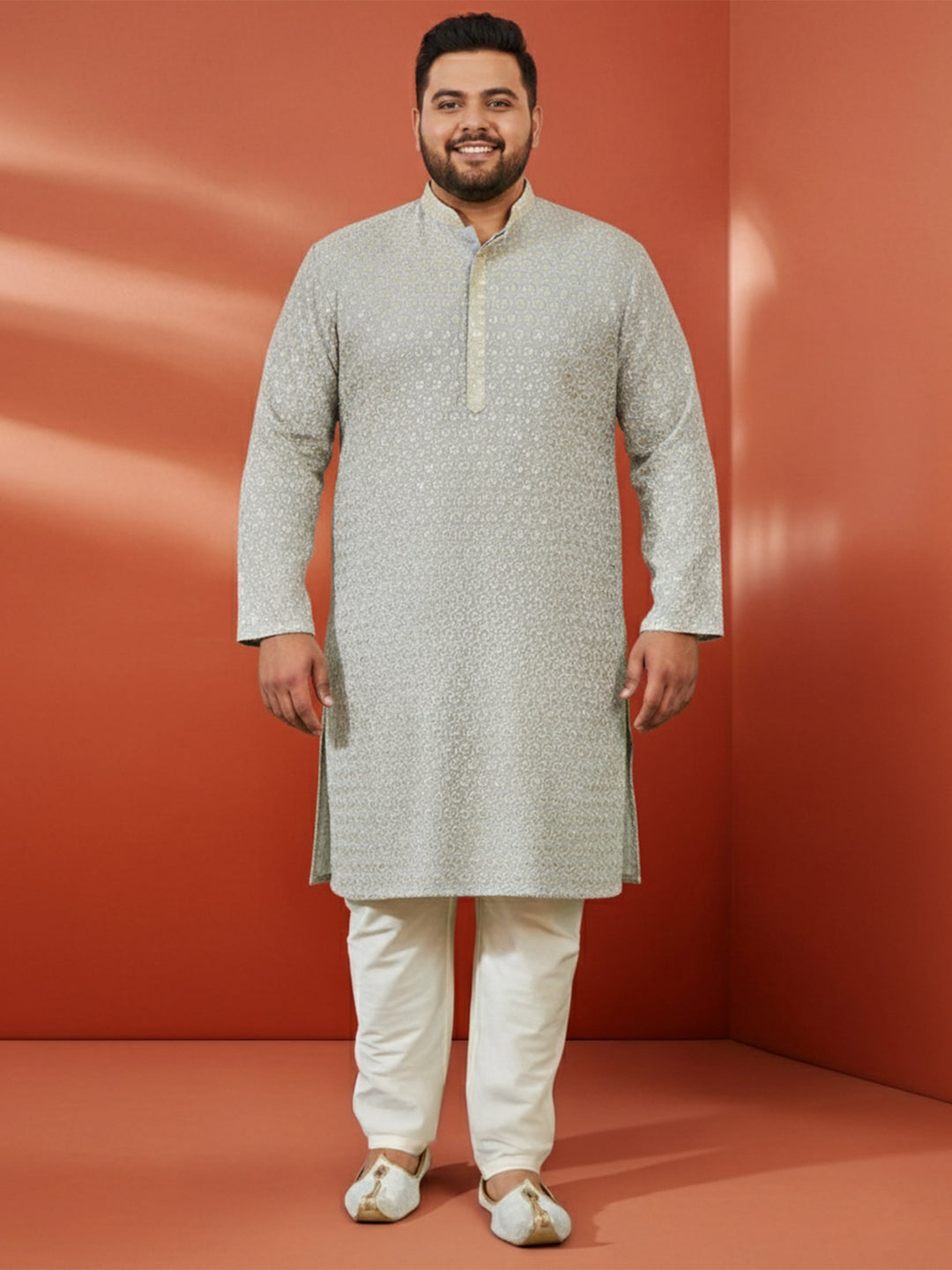 Men's Grey Sequin Kurta with Cream Trousers