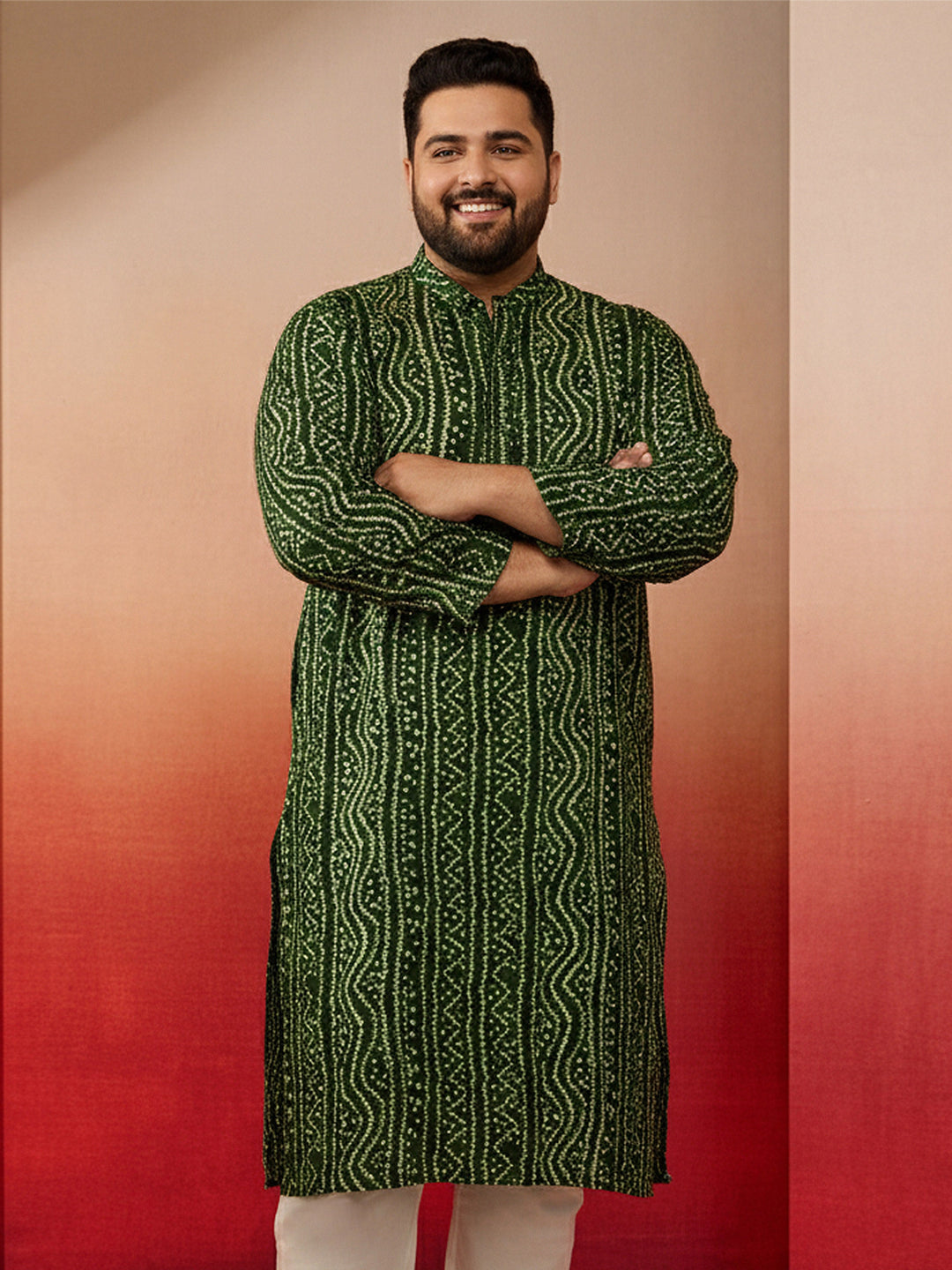 Men's Plus Size Green Bandhani Kurta