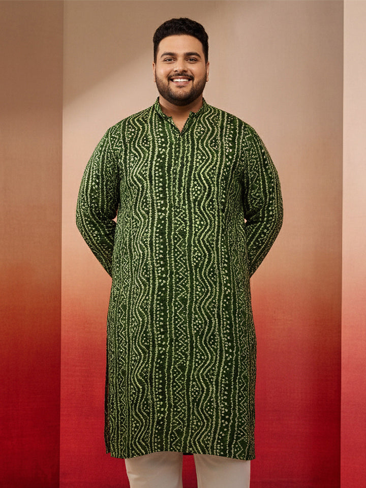 Men's Plus Size Green Bandhani Kurta - view 3