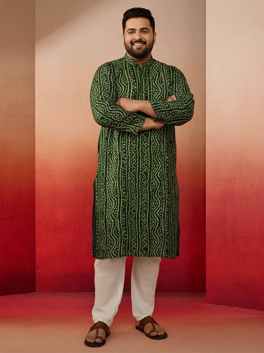 Men's Plus Size Green Bandhani Kurta - view 4