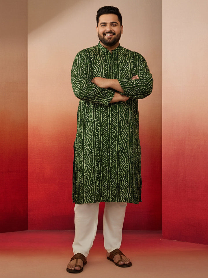 Men's Plus Size Green Bandhani Kurta - view 4