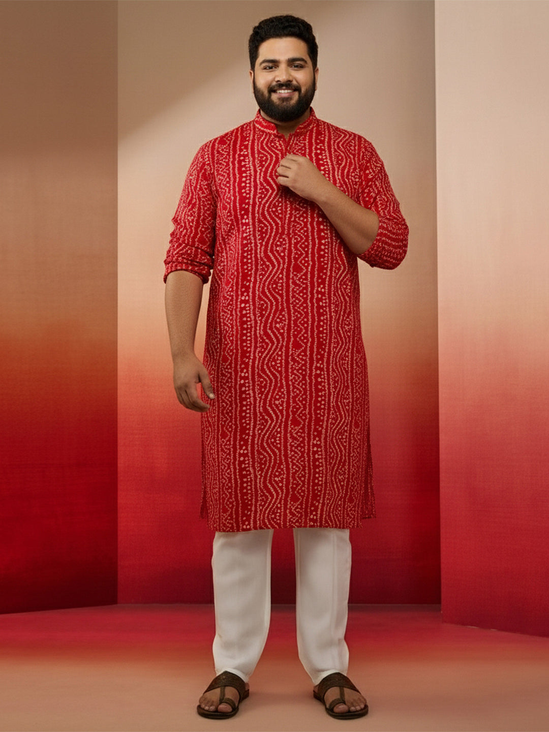 Men's Plus Size Red Bandhani Kurta - view 5