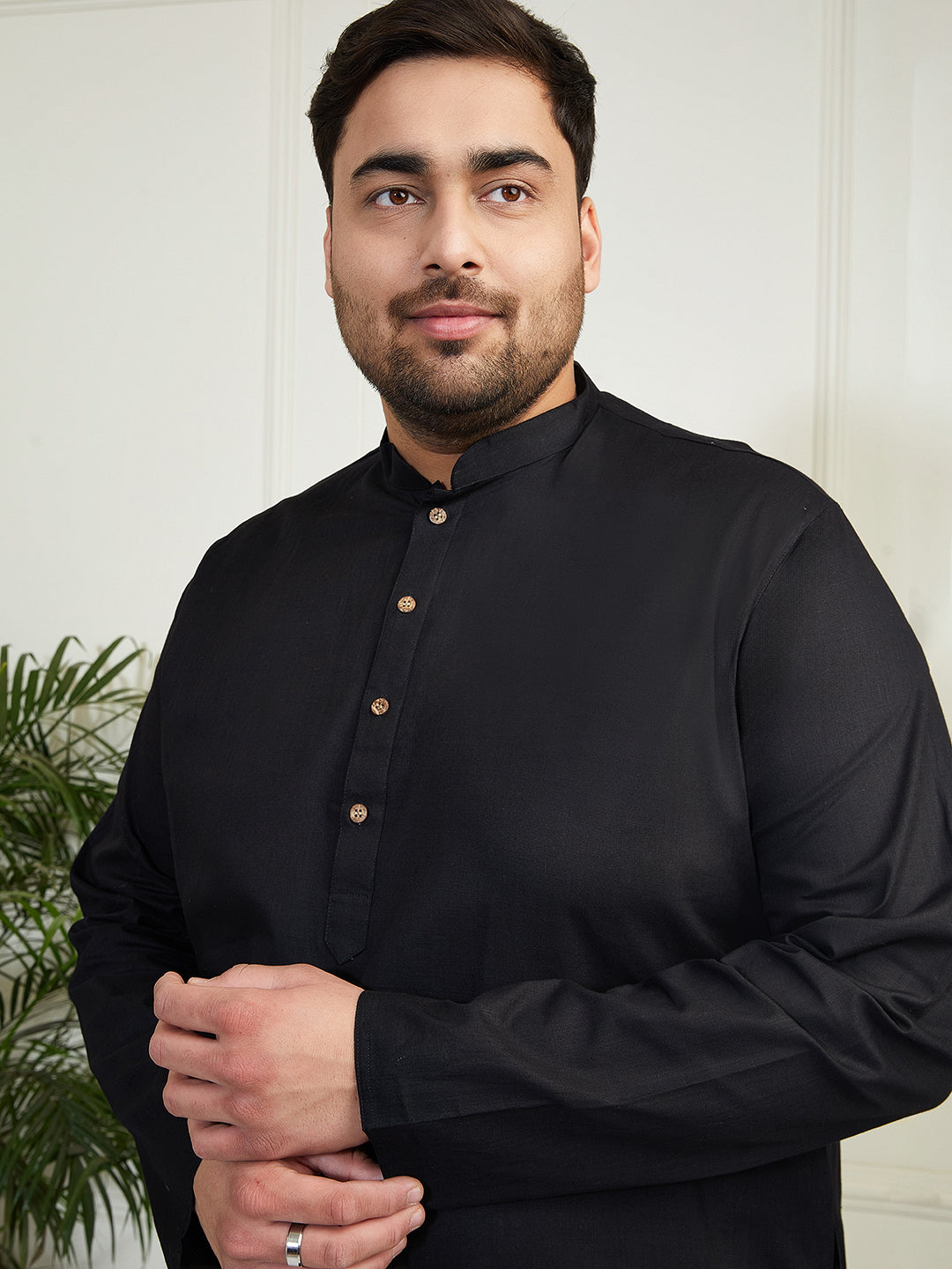 Men's Plus Size Men's Black Cotton Linen Kurta - view 2