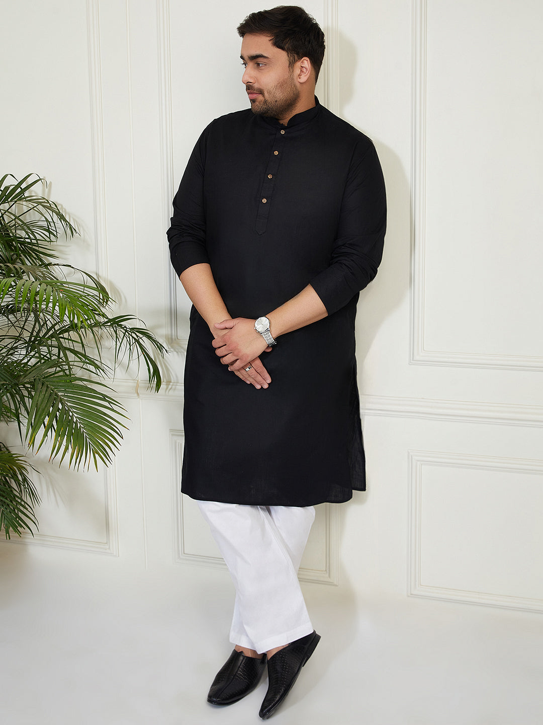Men's Plus Size Men's Black Cotton Linen Kurta - view 3