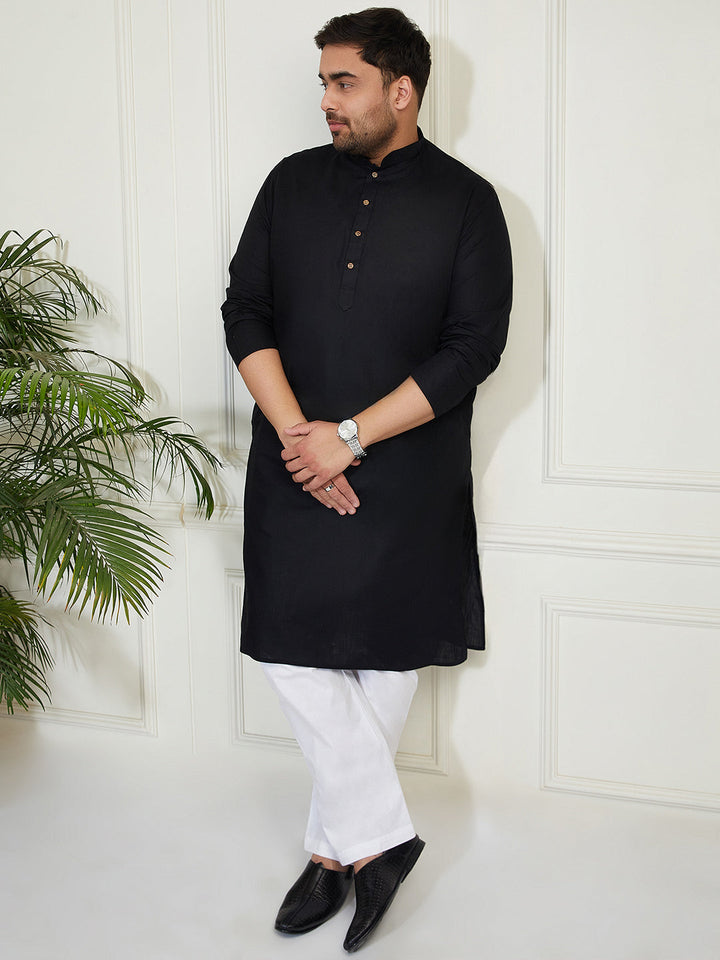 Men's Plus Size Men's Black Cotton Linen Kurta - view 3