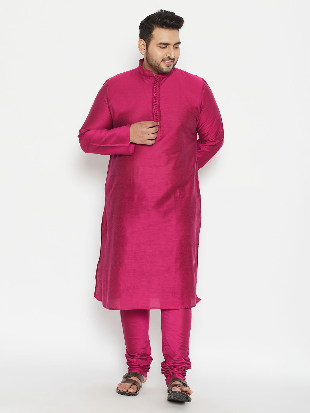 Men's Plus Size Fuchsia Pink Viscose Blend Kurta - view 5
