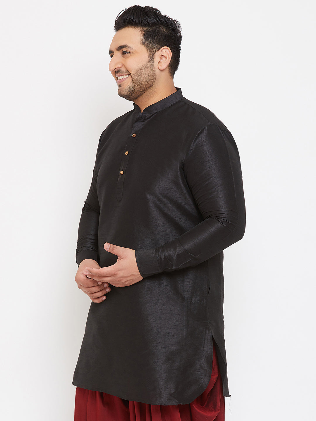 Men's Plus Size Black Silk Blend Curved Kurta - view 2