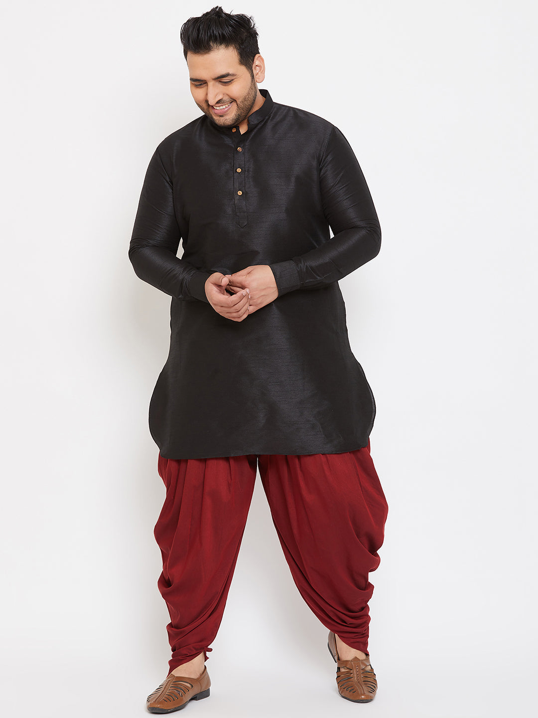 Men's Plus Size Black Silk Blend Curved Kurta - view 5