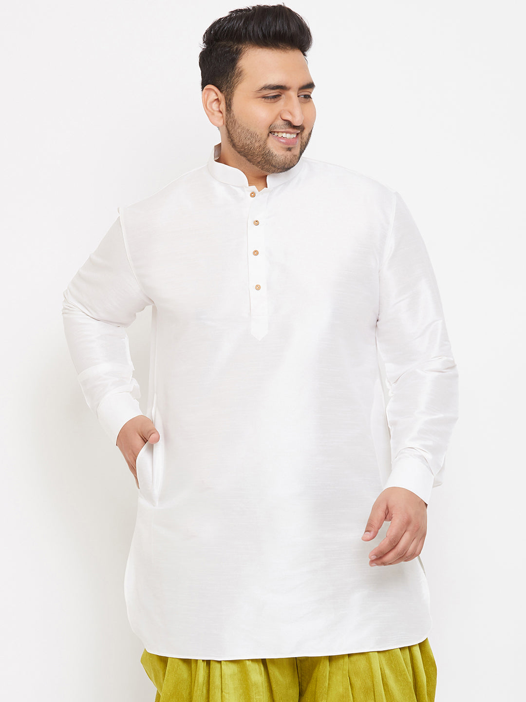 Men's Plus Size White Silk Blend Curved Kurta
