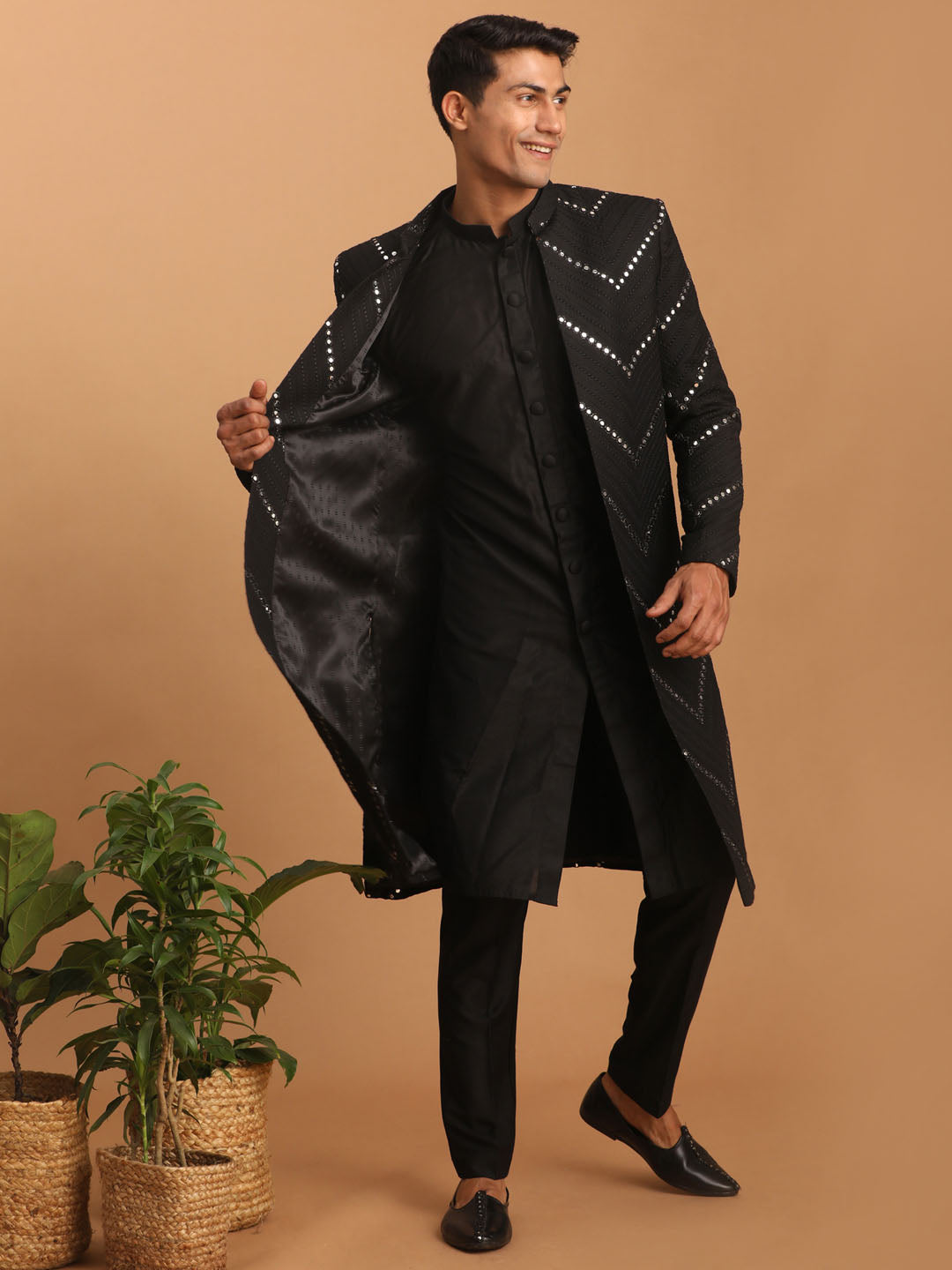 Men's Black Solid Kurta Pant Set With Mirror Over Coat Combo Set