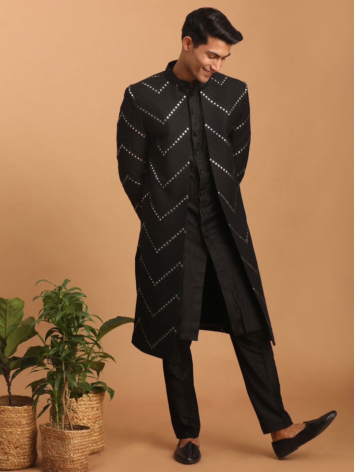 Men's Black Solid Kurta Pant Set With Mirror Over Coat Combo Set