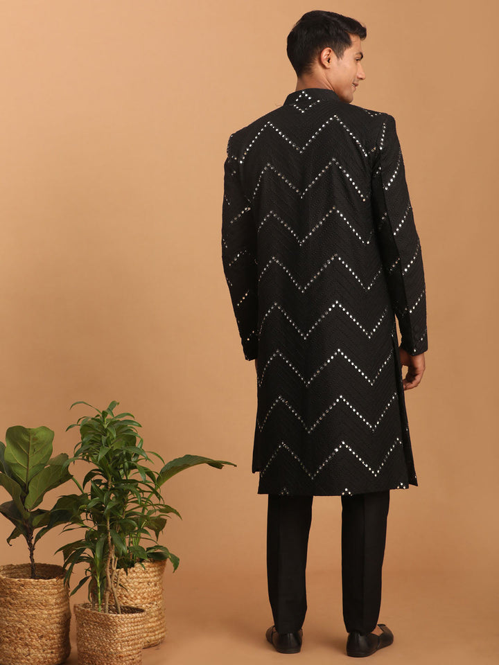 Men's Black Solid Kurta Pant Set With Mirror Over Coat Combo Set