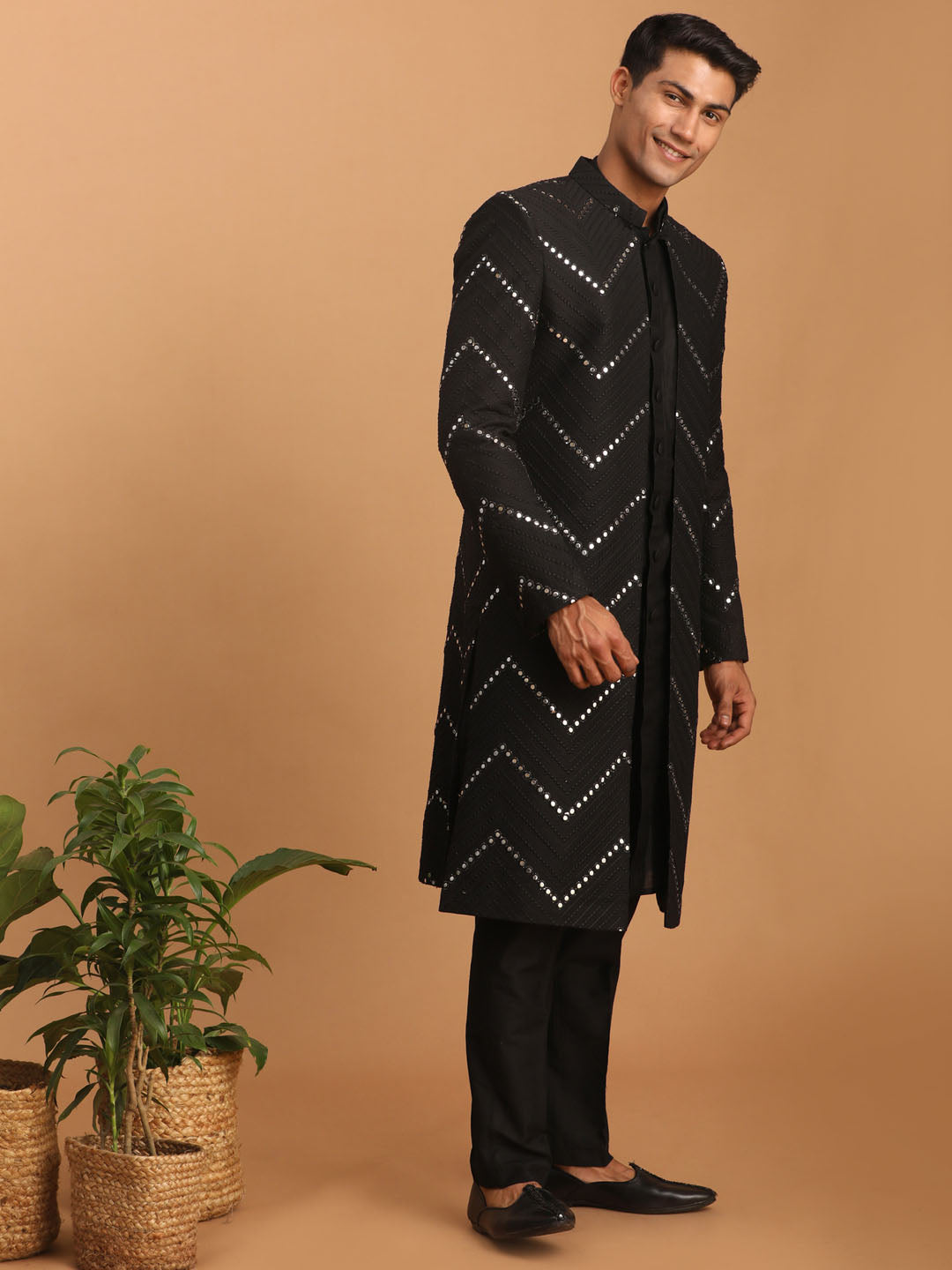 Men's Black Solid Kurta Pant Set With Mirror Over Coat Combo Set