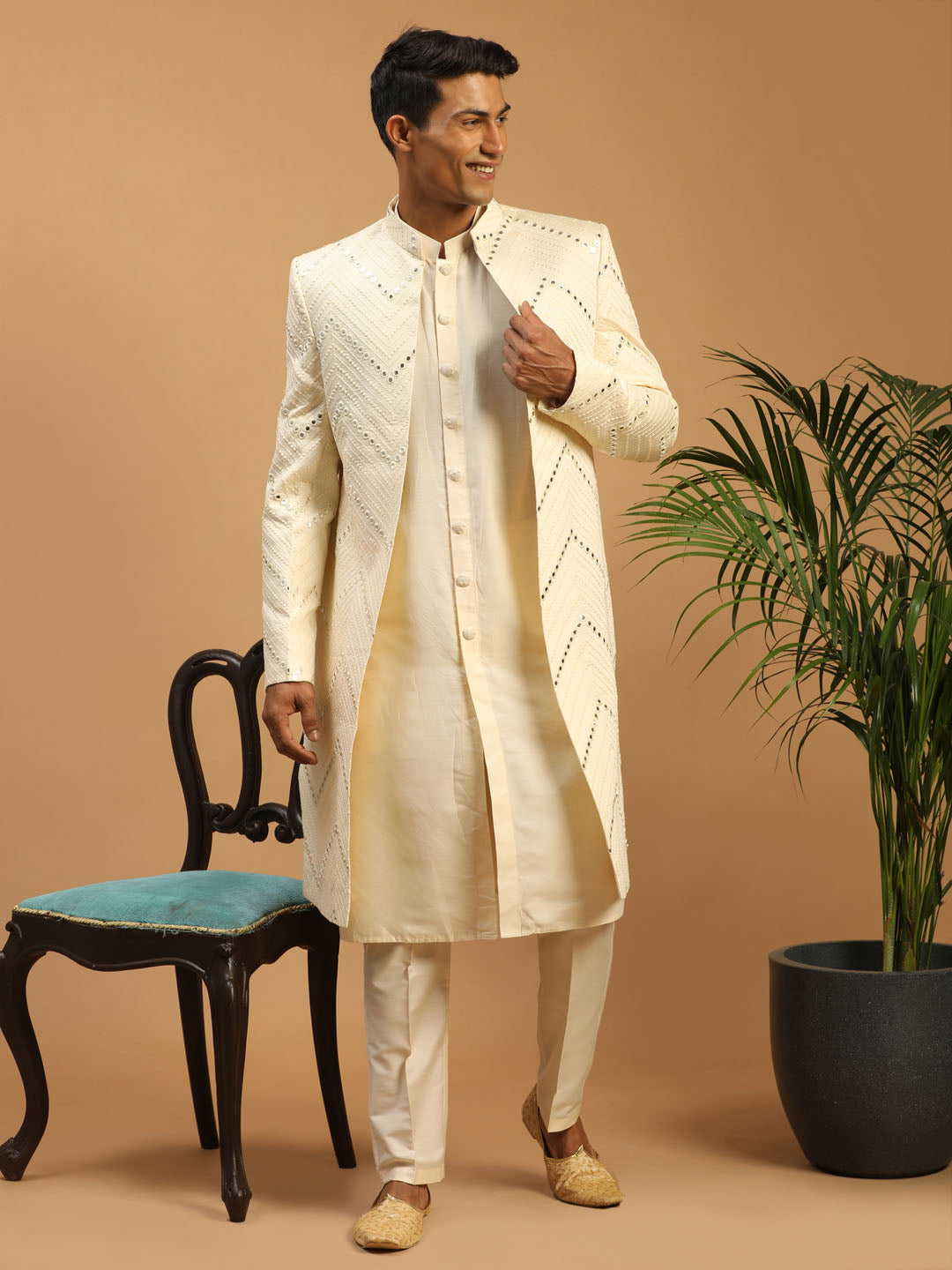 Men's Cream Solid Kurta Pant Set With Mirror Over Coat Combo Set