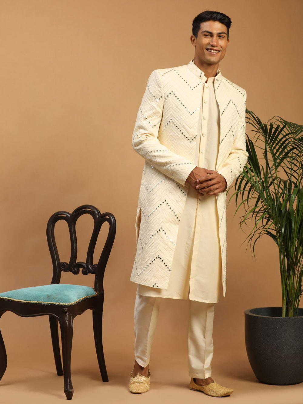 Men's Cream Solid Kurta Pant Set With Mirror Over Coat Combo Set