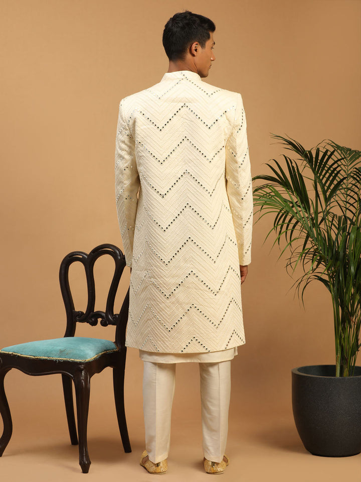 Men's Cream Solid Kurta Pant Set With Mirror Over Coat Combo Set