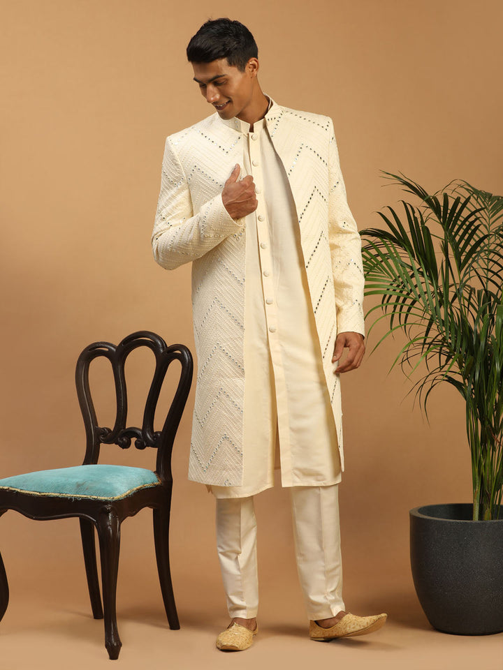 Men's Cream Solid Kurta Pant Set With Mirror Over Coat Combo Set