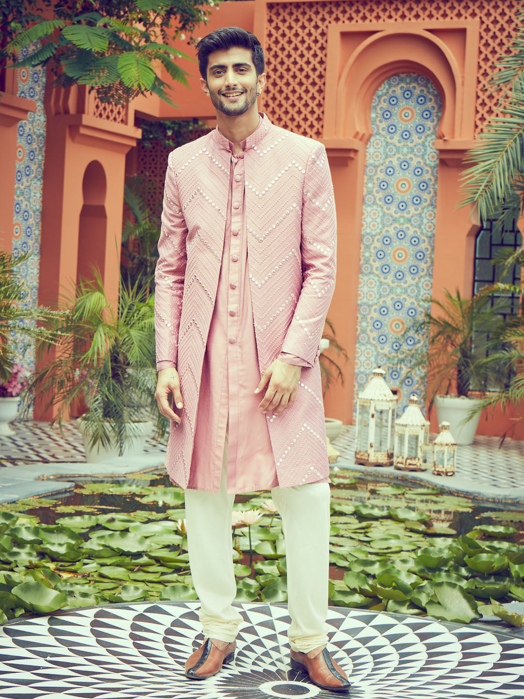 Men's Onion Pink Solid Kurta Pant With Mirror Over Coat Combo Set