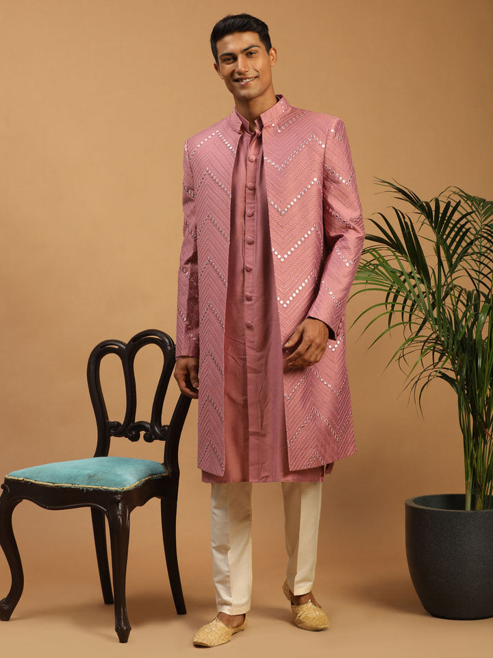 Men's Onion Pink Solid Kurta Pant With Mirror Over Coat Combo Set