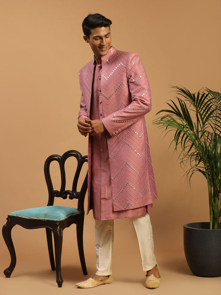 Men's Onion Pink Solid Kurta Pant With Mirror Over Coat Combo Set