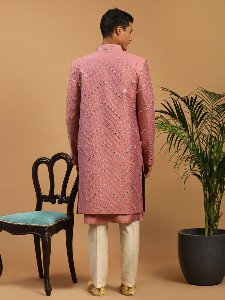 Men's Onion Pink Solid Kurta Pant With Mirror Over Coat Combo Set