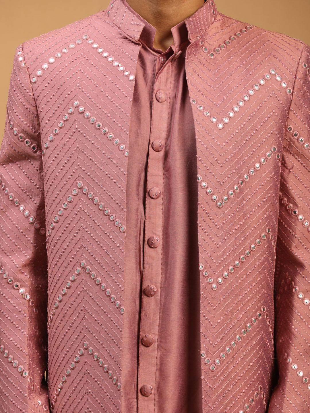 Men's Onion Pink Solid Kurta Pant With Mirror Over Coat Combo Set