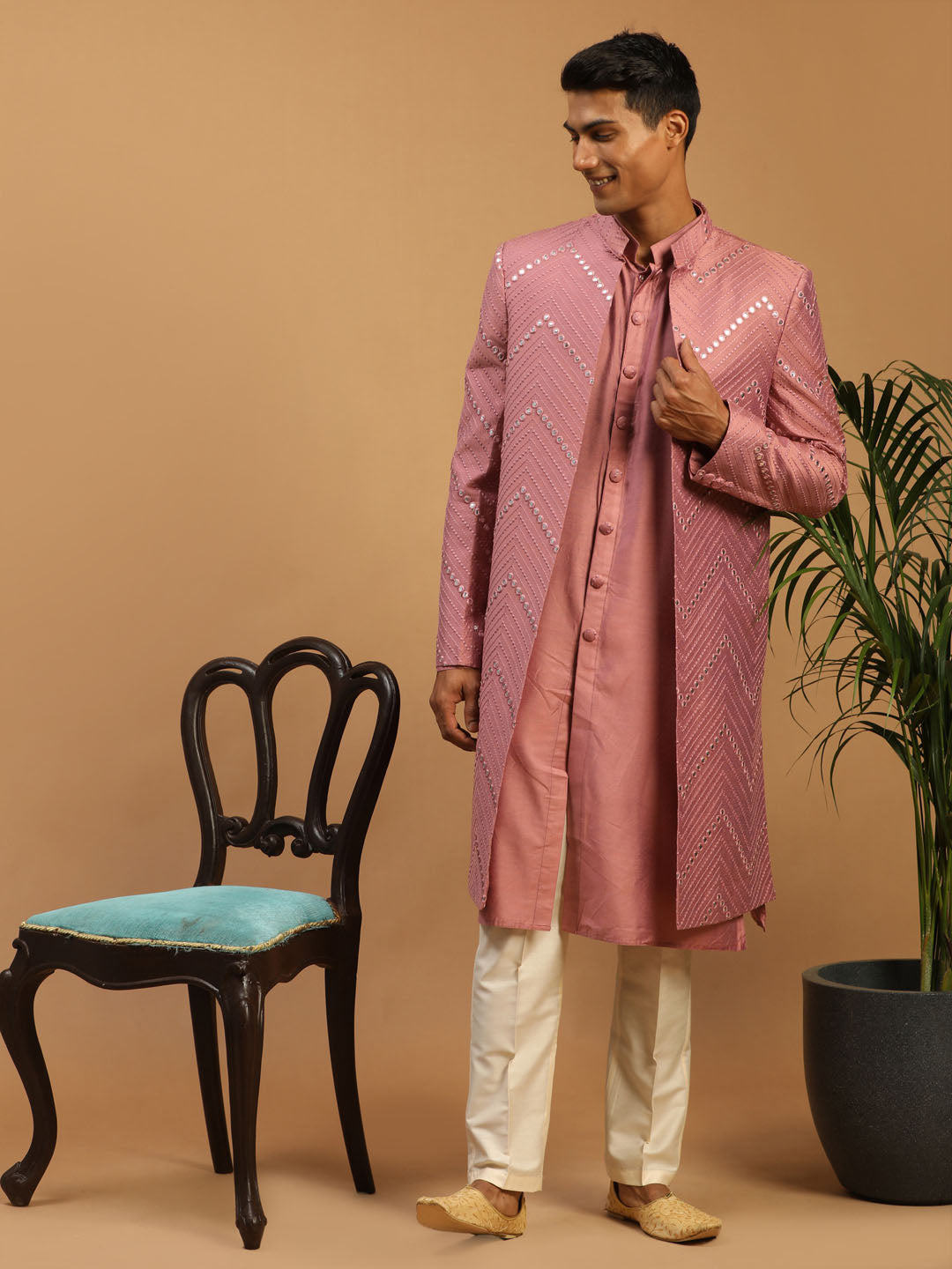 Men's Onion Pink Solid Kurta Pant With Mirror Over Coat Combo Set