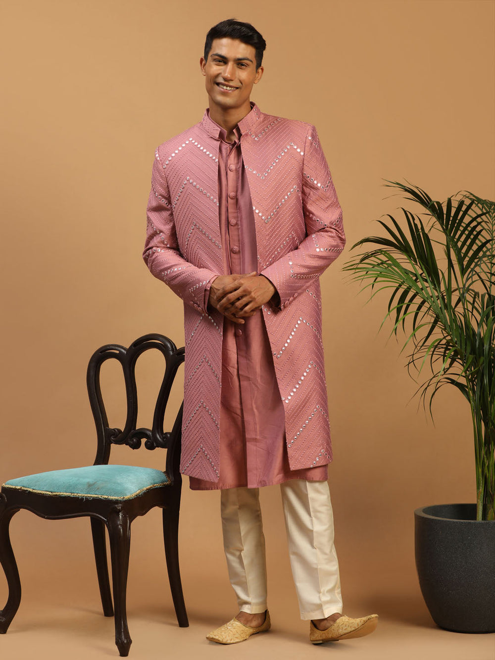 Men's Onion Pink Solid Kurta Pant With Mirror Over Coat Combo Set