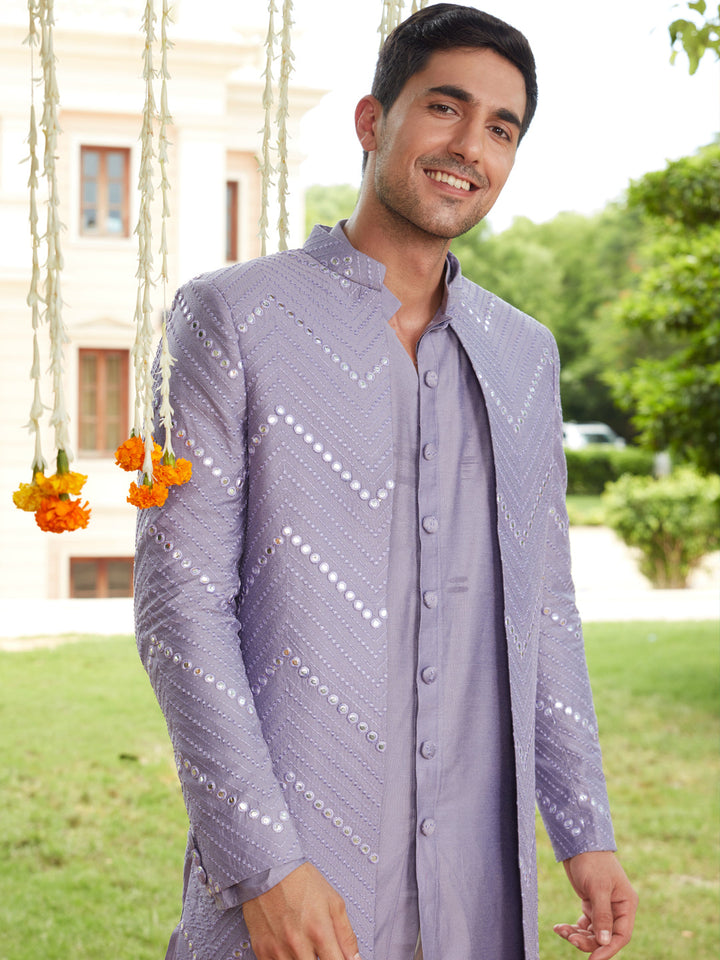 Men's Purple Solid Kurta Pant Set With Mirror Over Coat Combo Set