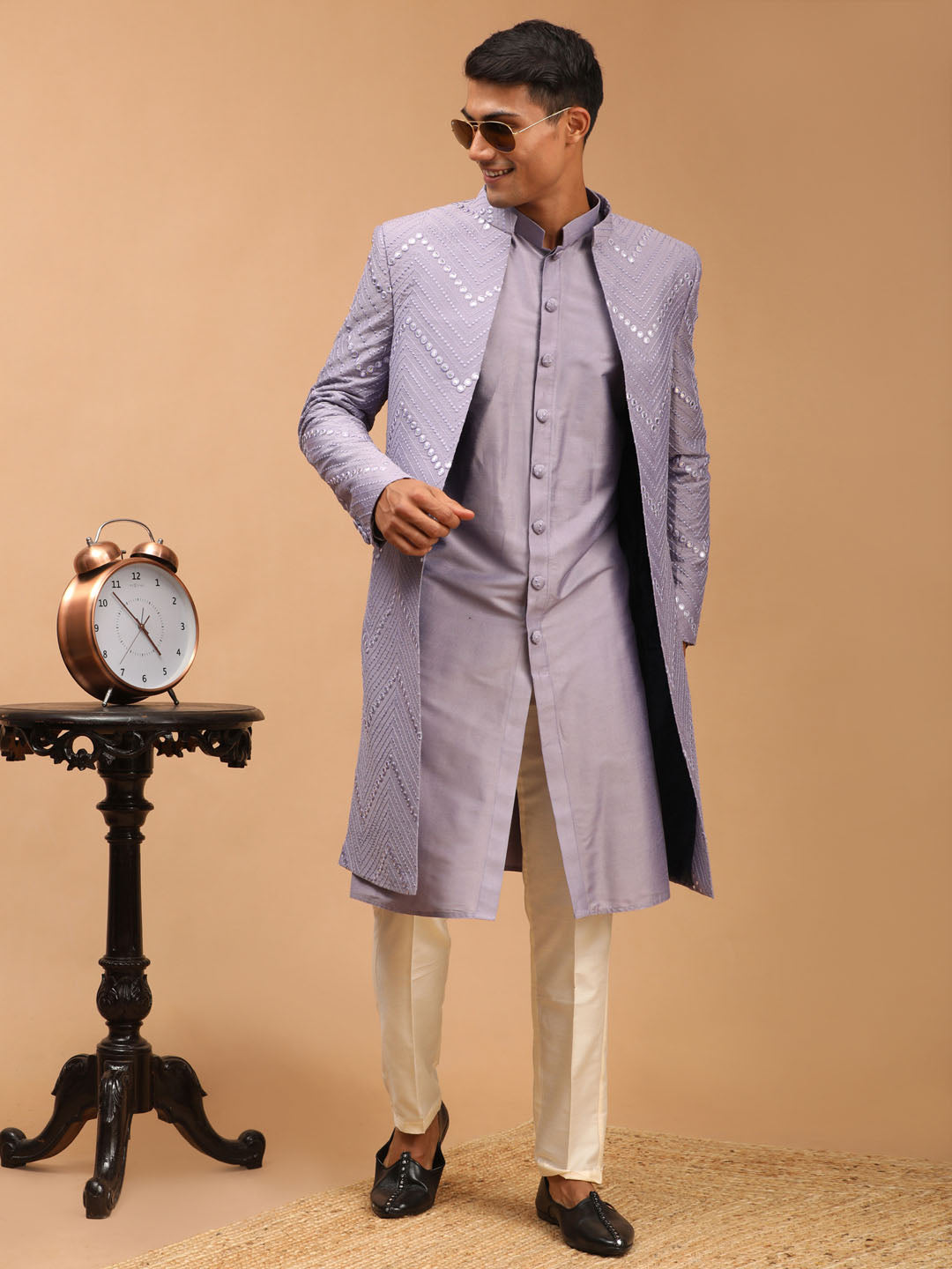 Men's Purple Solid Kurta Pant Set With Mirror Over Coat Combo Set