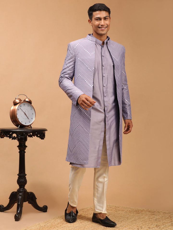 Men's Purple Solid Kurta Pant Set With Mirror Over Coat Combo Set