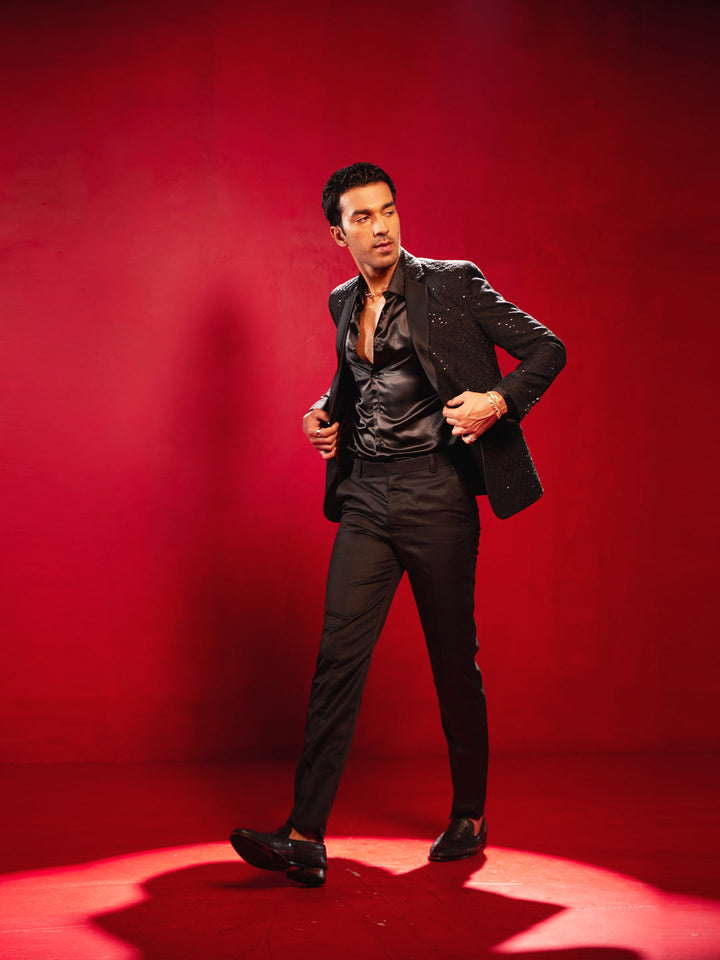Men's Black Georgette Embroidered Blazer - view 3