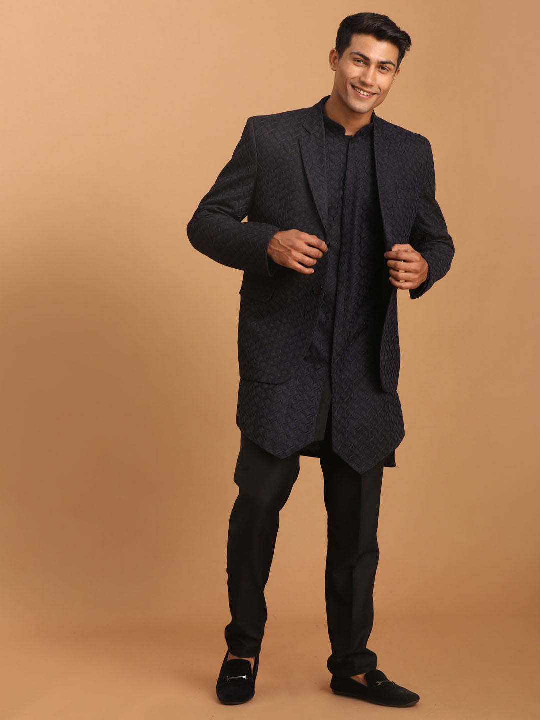 Sarvati Men's Navy Blue Woven Blazer And Kurta Pant Set