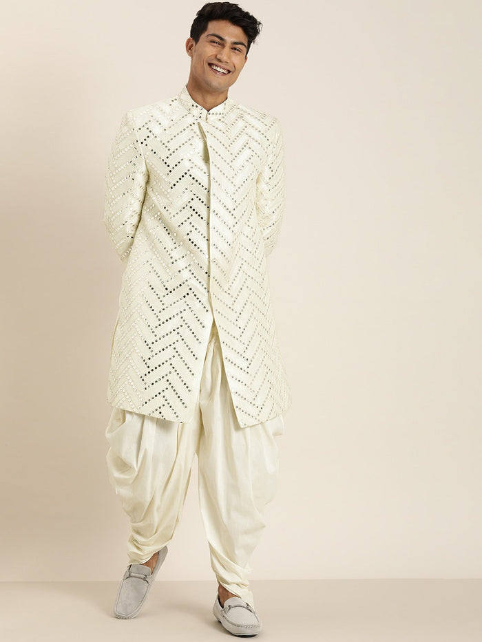 Men's Cream White Indo Western Sherwani With Dhoti Set