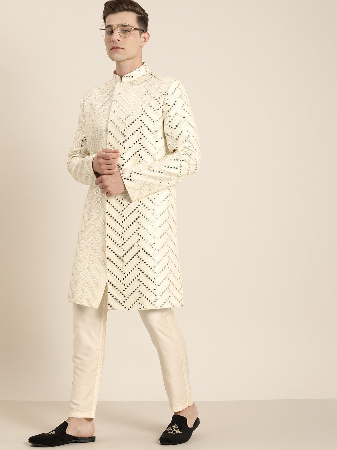 Men's Cream Mirror Indo Western Sherwani With Pant Set